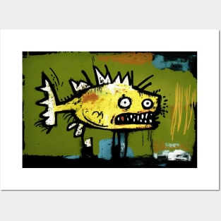 Vibrant Puffer Fish in Yellow and Green Neo-Expressionist Painting Posters and Art